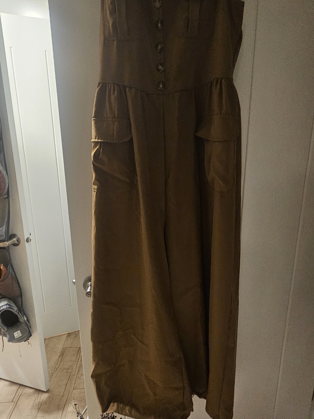 Women’s Brown V-Neck Wide-Leg Jumpsuit with Pockets - Picture 2 of 4